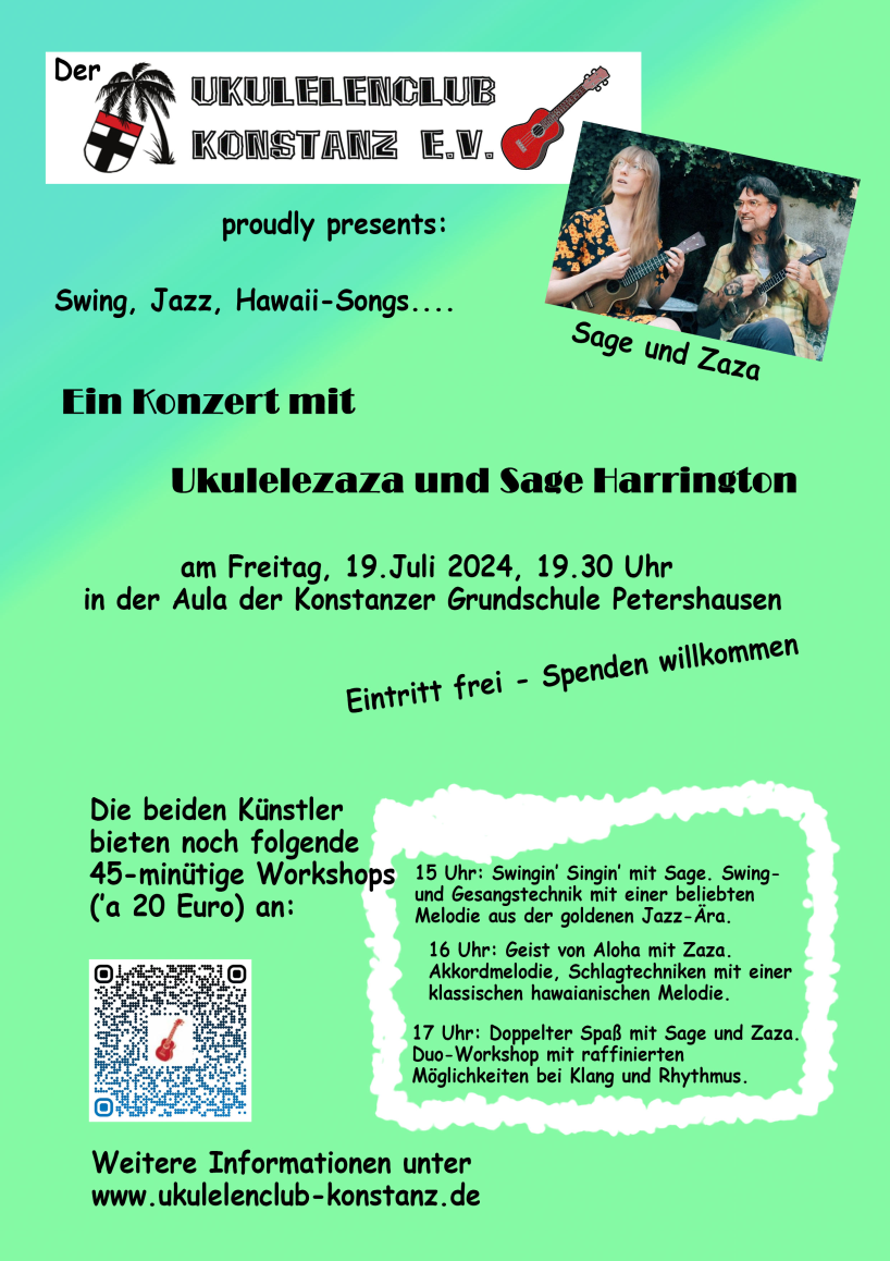 Neue Workshops und Konzert mit Ukulelezaza und Sage Harrington